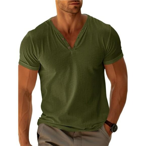 Mens V Neck Henley Shirt Short Sleeve Casual Summer Beach Button Tee Top - Picture 1 of 6